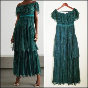 NWOT Self-Portrait Off-the-shoulder Tiered Lace Emerald Green Gown Dress, Size 4